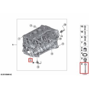 Śruba M10x85 BMW 11118571560 – schemat ETK z zaznaczoną pozycją śruby w bloku silnika