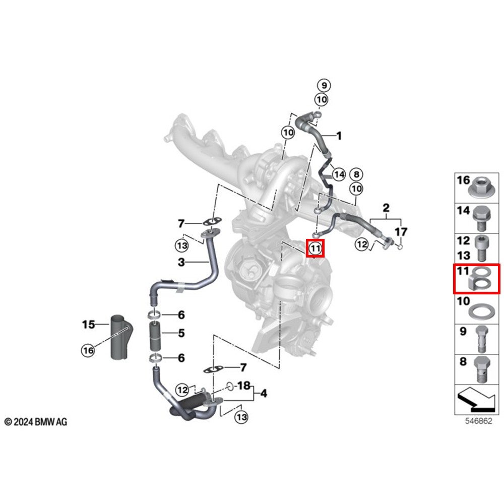 Schemat ETK BMW z zaznaczoną pozycją 11 – bliźniaczy pierścień uszczelniający 11423465991