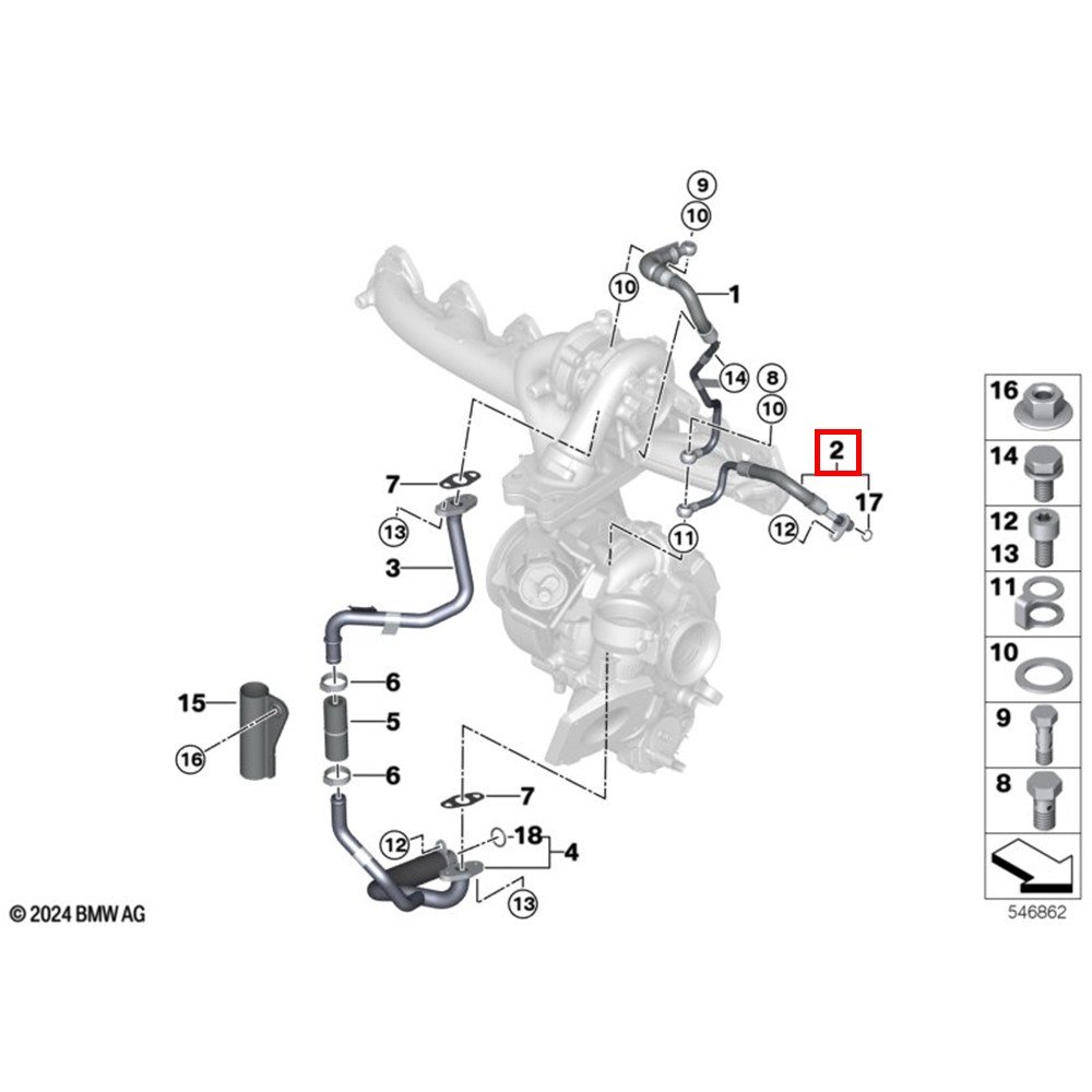 Schemat ETK BMW z zaznaczoną pozycją 2 – przewód dopływu oleju turbosprężarki 11425A76560