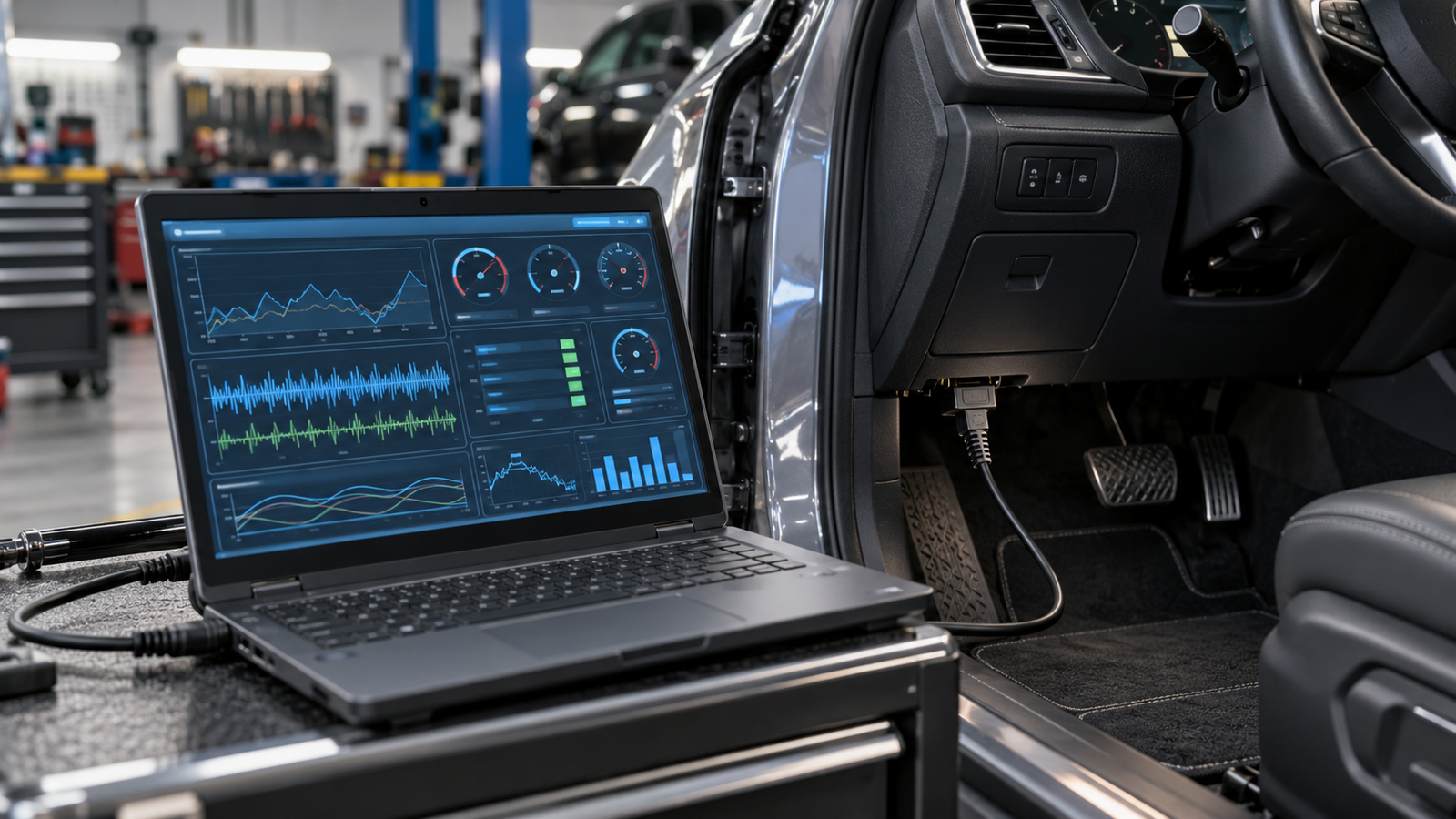 Diagnostyka i chiptuning - laptop podlaczony do OBD